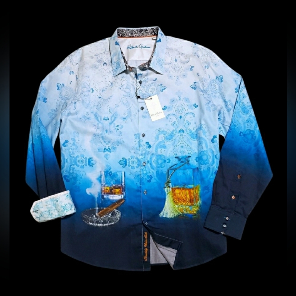 NEW Robert Graham $278 Embroidered Drinks Medium Blue Classic Sport Shirt